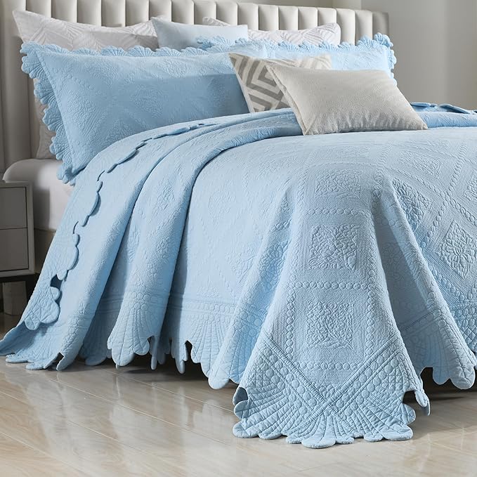 MarCielo 3-Piece 100% Cotton Oversized Bedspread Lightweight Quilt Coverlet Embroidery Farmhouse Bedding Set (TK Light Blue, Oversized King (118"x106"))-Ruum Studio Home