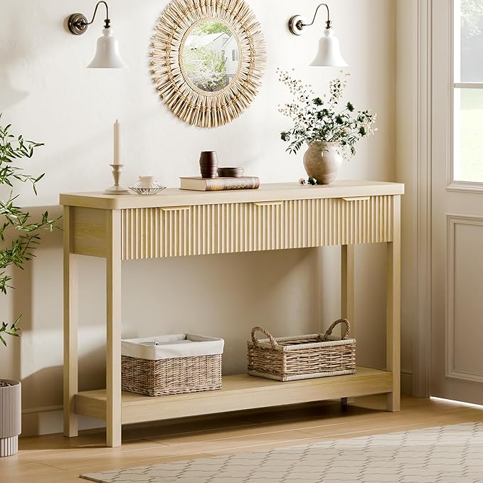 Lulive 51" Fluted Console Table for Entryway, Entryway Table with 3 Wooden Drawers, Farmhouse Behind Sofa Table for Living Room, Hallway, Couch, Foyer-Ruum Studio Home