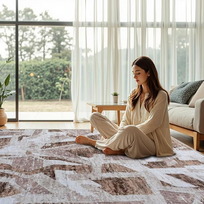 Modern Abstract 8X10 Area Rug for Living Room Bedroom Washable, Non-Slip Rubber Backing Print Faux Wool Thin, Brown Throw Large Carpet for Kids Playroom Dining Room Pet & Child Friendly-Ruum Studio Home