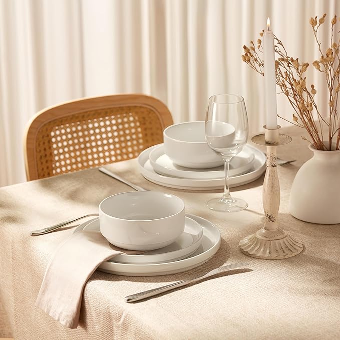 Ceramic Dinnerware Set, 12-Piece Service for 4, Soup Bowls (31.5 oz), Salad Plates (7.5"), Dinner Plates (10.5"), Round, Microwave and Dishwasher Safe, White, Cambridge Classics-Ruum Studio Home