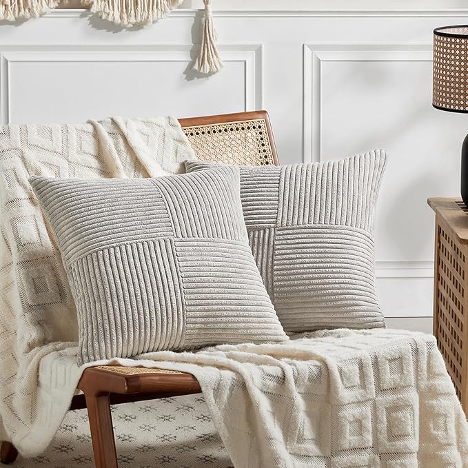 Fancy Homi 2 Packs Neutral Grey Decorative Throw Pillow Covers 18x18 Inch for Living Room Couch Sofa, Rustic Farmhouse Boho Home Decor, Soft Corss Corduroy Patchwork Textured Square Cushion Case 45cm-Ruum Studio Home