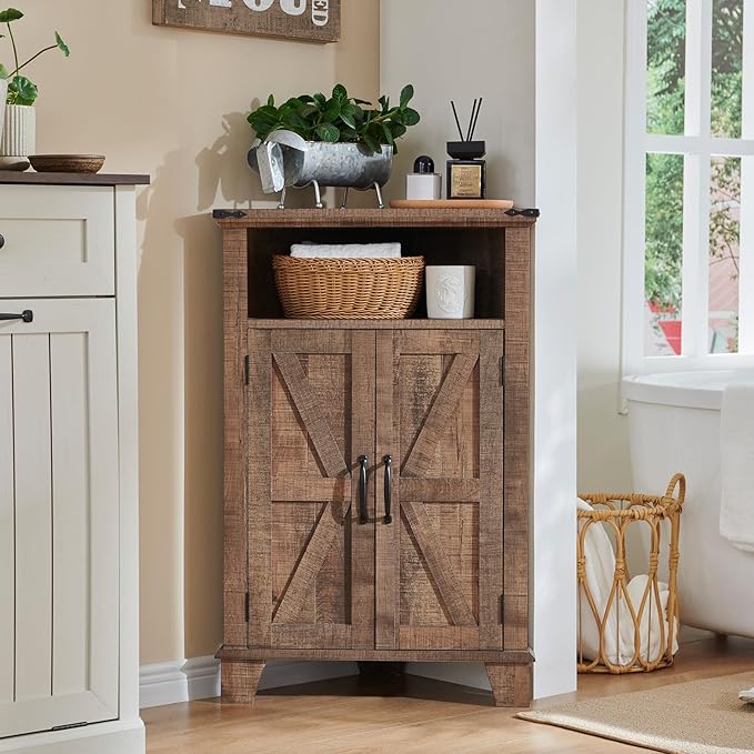 Corner Bathroom Cabinet, Farmhouse Small Corner Cabinet with Barn Door & Adjustable Shelf, Storage Cabinets for Bathroom, Kitchen, Living Room, Rustic Brown-Ruum Studio Home