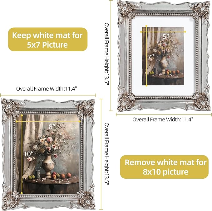 8x10 Vintage Picture Frame with Embossed Flower Design, Silver Ornate Frame for 8x10 or 5x7 Pictures with White Mat, Hand-Crafted Resin Antique Frames for Tabletop & Wall Hanging, Home Decor (Silver)-Ruum Studio Home