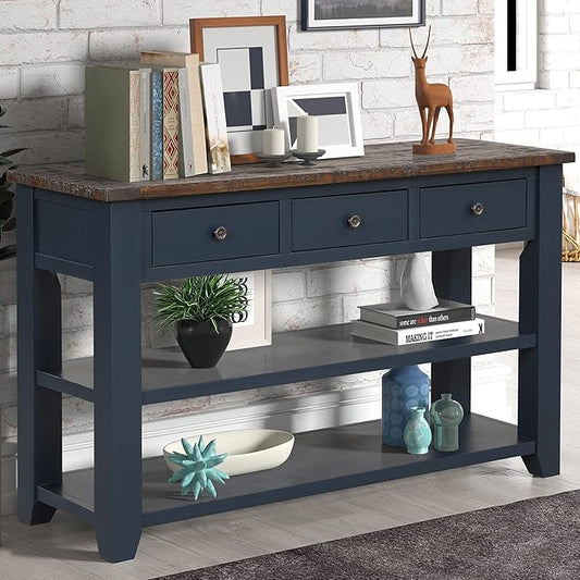 Farmhouse Wood Entry Console Table 48-Inch Modern Sofa Entryway Table with Drawers and Storage Shelves for Entrance Living Room (Blue)-Ruum Studio Home