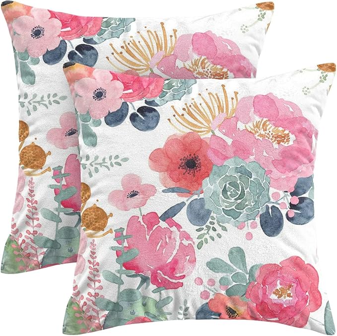 CXMEIFLY Spring Floral Pillow Covers 24 x 24 Inch Set of 2 for Watercolor Pink Flowers Decor Throw Pillows Green Leaves Plant Outdoor Decorative Cushion Cases with Zipper for Couch Bed Decorations-Ruum Studio Home