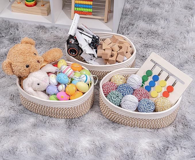 Shelf Storage Baskets for Organizing|Decorative Basket for Closet Storage|Toy Baskets&Bins|Small Woven Rope Baskets-13x8.66x5.11’’,Durable&Stylish,Oval 3 Packs Off White&Mixed Camel-Ruum Studio Home