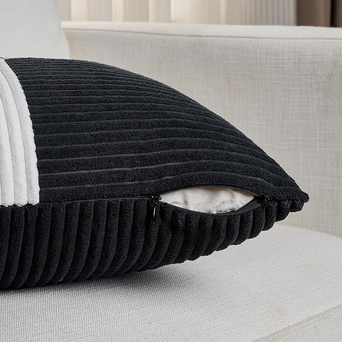 Fancy Homi Set of 2 Black White Decorative Throw Pillow Covers 20x20 Inch for Living Room Couch Bed Sofa, Farmhouse Boho Home Decor, Soft Cross Corduroy Patchwork Accent Square Cushion Case 50x50 cm-Ruum Studio Home