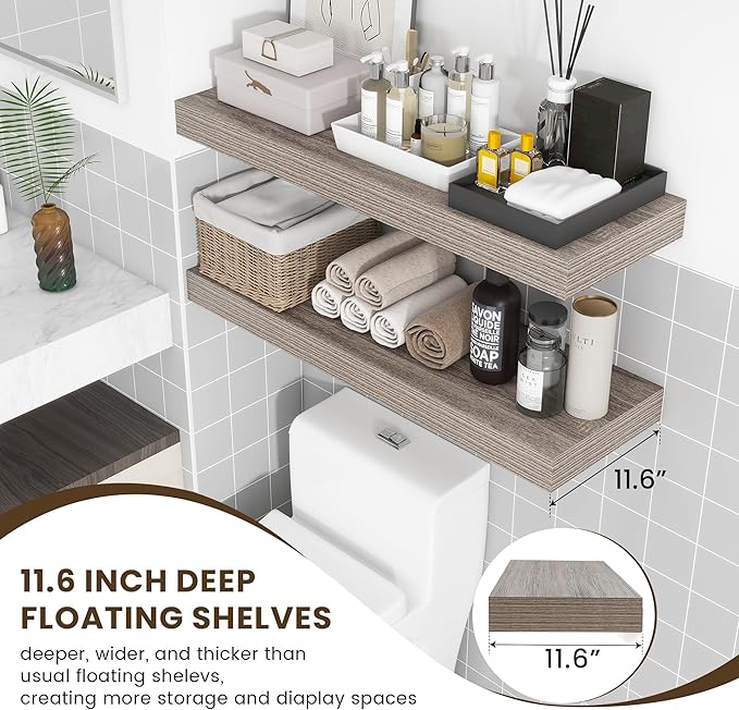 Deep Floating Shelves for Wall, 36W x 12D Rustic Large Floating Shelves Set of 2, 12'' Deep Grey Wood Floating Shelves for Living Room Bathroom Laundry Room Bedroom Kitchen Home Office - Grey-Ruum Studio Home