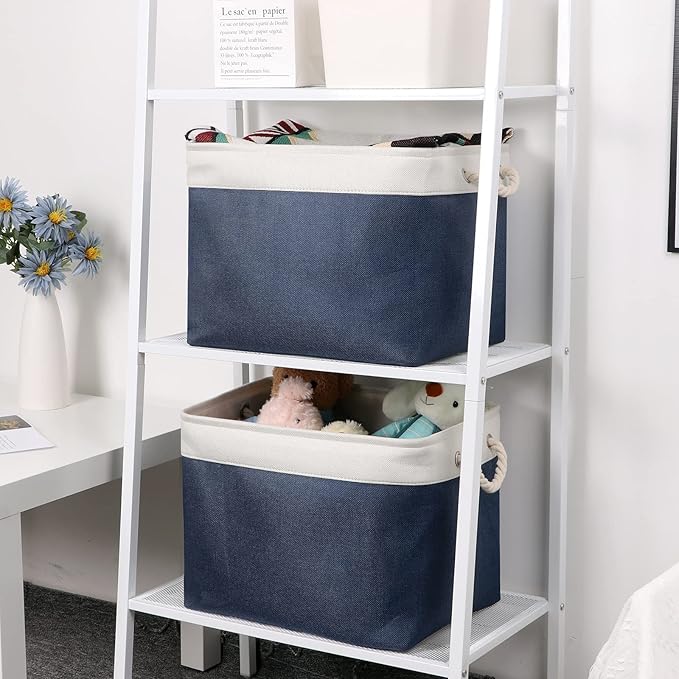 Bidtakay Fabric Storage Baskets with Handles for Organizing 16" x 11.8" x 11.8" Navy Blue Baskets [2-Pack] Shelf Baskets Large Canvas Collapsible Bins for Closet (White&Blue)-Ruum Studio Home