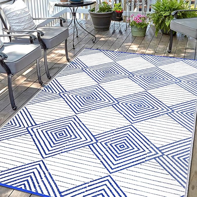 Waterproof Outdoor Rug 6x9ft, Foldable Reversible Plastic Straw Mat for Patio RV Deck Porch Backyard Balcony Camping Picnic Beach Indoor Outdoor Carpet, Blue&White-Ruum Studio Home