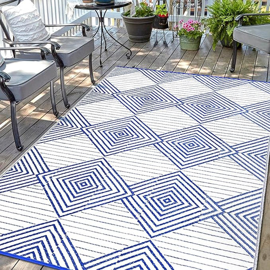 Waterproof Outdoor Rug 6x9ft, Foldable Reversible Plastic Straw Mat for Patio RV Deck Porch Backyard Balcony Camping Picnic Beach Indoor Outdoor Carpet, Blue&White-Ruum Studio Home