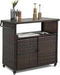Wicker Outdoor Bar Cart - Brown Patio Console Storage Table Buffet Cabinet Serving Kitchen Cart with Wheels for Outside Backyard-Ruum Studio Home