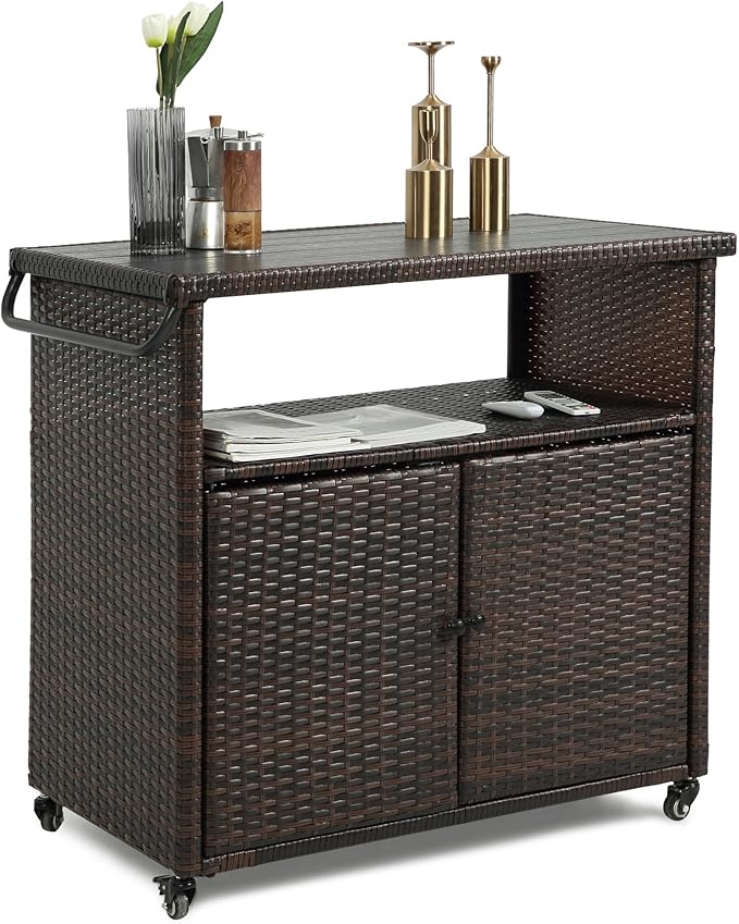 Wicker Outdoor Bar Cart - Brown Patio Console Storage Table Buffet Cabinet Serving Kitchen Cart with Wheels for Outside Backyard-Ruum Studio Home