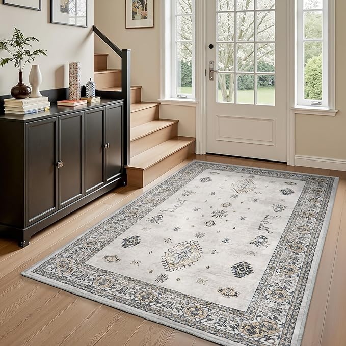 AMOAMI-Vintage Area Rug 3x5 Grey Rugs for Living Room-Soft Washable Rug Non Slip Entryway Rug Indoor Vintage Throw Accent for Bedroom Laundry Room Dining Bathroom Bedside-Ruum Studio Home