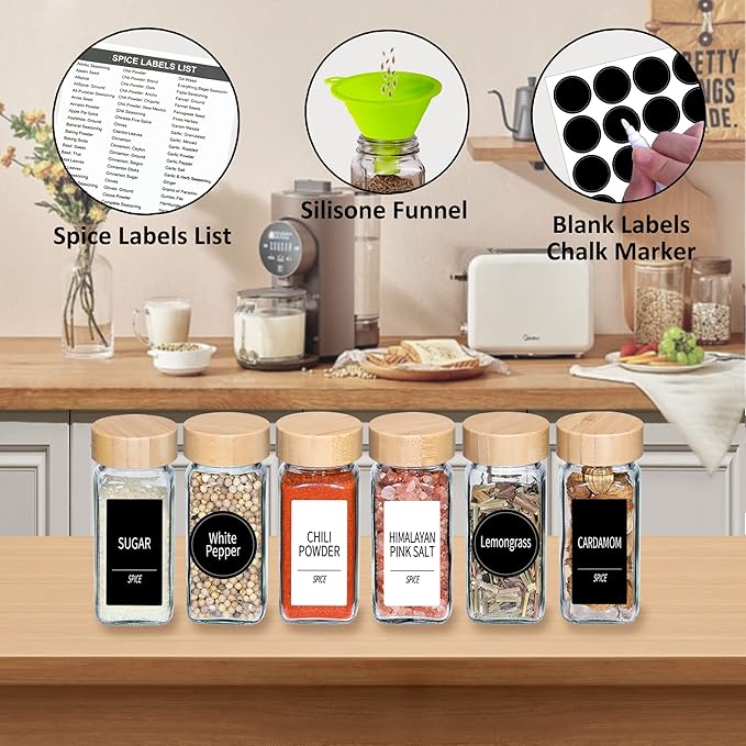 Churboro 24 Spice Jars with Labels & Bamboo Lids - 4 Oz Glass Containers with Shaker Lids, 547 Spice Labels of 3 Different Types Seasoning Jars for Spice Rack, Cabinet, or Drawer-Ruum Studio Home
