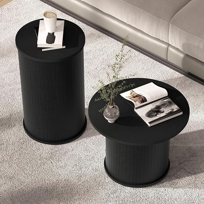 Set of 2 Round Nesting Coffee Tables for Living Room, Fluted Circle Black Wood Coffee and End Table Sets for Apartment, Small Spaces, Bedroom, Modern Style, Easy Assembly & Maintenance-Ruum Studio Home