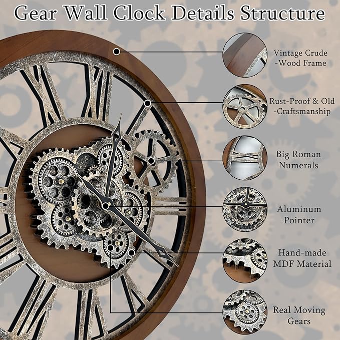 HOIBAI Large Wall Clock, Wall Clocks for Living Room Decor 36 Inch Farmhouse Vintage Rustic Kitchen Wall Decor Vintage Roman Oversized Wall Clock for Home Bedroom House Office, Moving Gears Clock-Ruum Studio Home