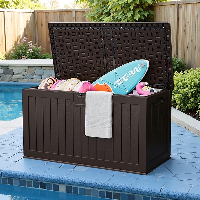 JUMMICO 250 Gallon Outdoor Resin Deck Box with Divider, Waterproof Storage Box with Lockable Lid&Side Handles for Garden Tools, Pools Supplies (Brown)-Ruum Studio Home