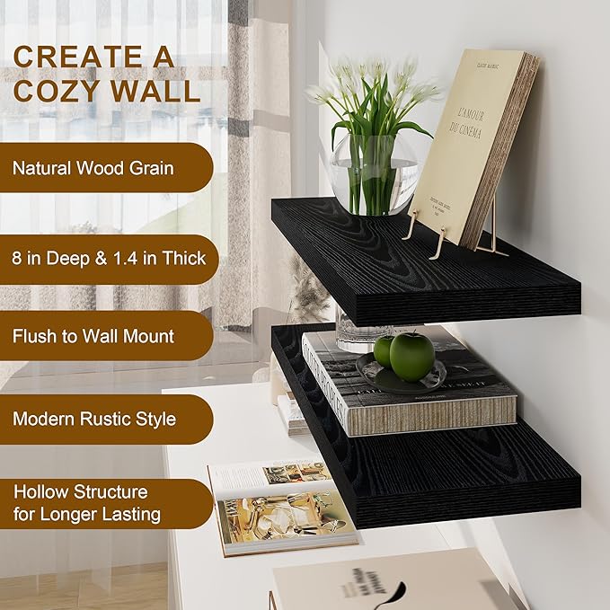 Fun Memories Black Floating Shelves 36 Inch Long, 8 Inch Deep Floating Shelf for Wall, 36" W x 8" D Wall Shelves Set of 2, Black Deep Floating Shelves for Bedroom, Living Room, Kitchen-Ruum Studio Home