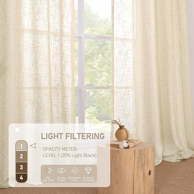 LAMIT Beige Linen Curtains 63 inch Length 2 Panels for Living Room, Bronze Grommet Soft Semi Sheer Light Filtering Window Treatments Neutral Drapes for Bedroom, 52 x 63 Inch, Beige-Ruum Studio Home