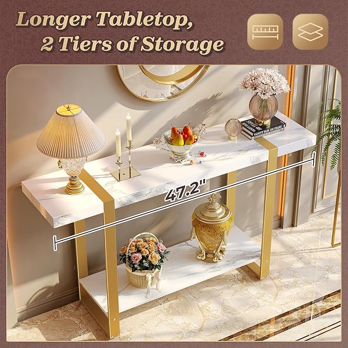 Huuger 47.2 Inch Entryway Table with Marble Top, 2-Tier Modern Console Sofa Table with Storage, Accent Table, for Entry, Hallway, Entrance, Foyer, T-Shaped Metal Frame, White Marble & Gold-Ruum Studio Home