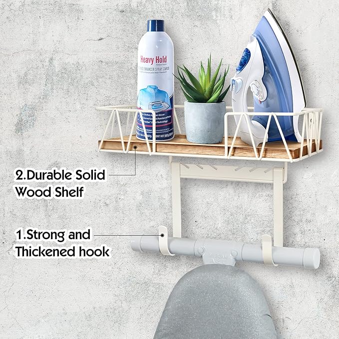 TJ.MOREE Ironing Board Hanger Wall Mount - Laundry Room Decor Iron and Ironing Board Holder with Large Storage Wooden Base Basket and Removable Hooks(T&V Shaped) Cream-Ruum Studio Home