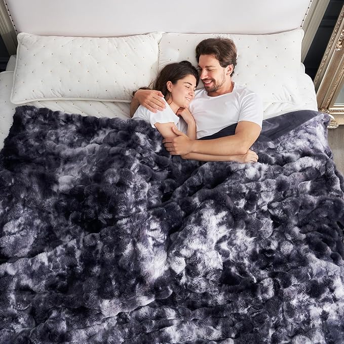 Cozy Bliss Faux Fur Throw Blanket for Couch, Fuzzy Soft Plush Thick Bubble Blanket for Sofa Bedroom Living Room, 108 * 90 Inches Tie Dye Black-Ruum Studio Home