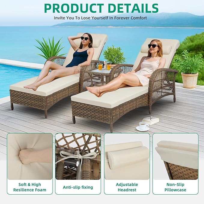 VIVIJASON 3 Pieces Outdoor Wicker Chaise Lounge Chair Set, All-Weather PE Rattan Cushioned Patio Lounger Set of 2 with Side Table, Adjustable Pool Sunbathing Recliner with Armrest & Pillow, Beige-Ruum Studio Home