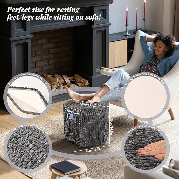 Hexagon Pouf Ottoman Stuffed with 2 Pockets & Handle, Comfort Corduroy Poufs, Non-Slip Foot Stool Storage Ottoman, Foam Floor Poufs Foot Rest for Couch, Bedroom (Gray)-Ruum Studio Home