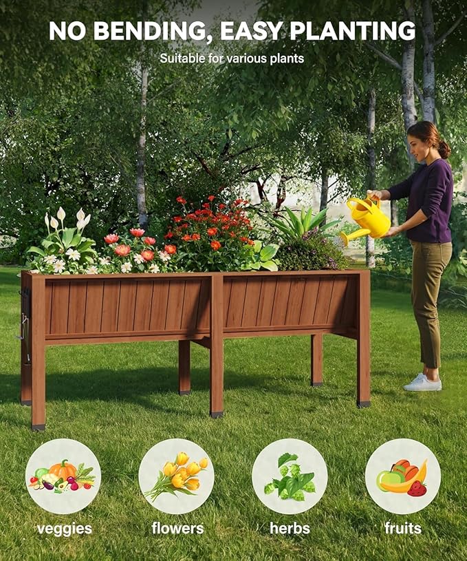 72x26x31 Inch Raised Garden Bed with Legs, 13.7In Depth Wooden Planter Box for Outdoor Growing Vegetables and Herbs, Elevated Garden Bed with Hooks for Backyard, Patio, Balcony-Ruum Studio Home