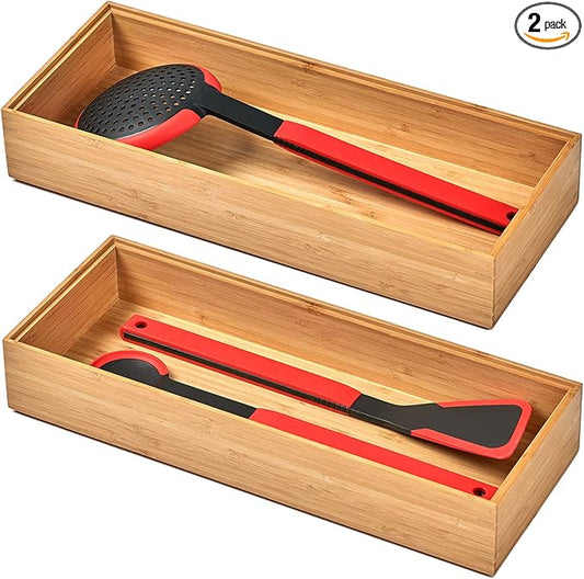 Umilife Bamboo Kitchen Drawer Organizer Boxes with Anti-Skid Silicone Feet, 2pcs Stackable Storage Bins for Kitchen Utensils & Silverware & Desk Drawer & Makeup, Tools Holder, 15”L x 6”W x 2.5”D Each-Ruum Studio Home