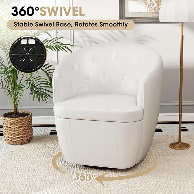 360° Swivel Leather Accent Chair, Modern Barrel Club Chair with Leather Upholstery and Sturdy Base, Comfortable Armchair for Living Room, Bedroom, Reading Nook, White-Ruum Studio Home
