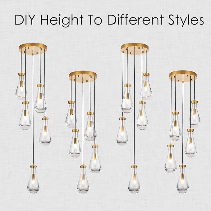 5-Light Raindrop Pendant Light Fixtures, Brass Glass Pendant Lighting, Teardrops Modern Hanging Light for Entryway Foyer Kitchen Island Dining Living Room Hallway-Ruum Studio Home