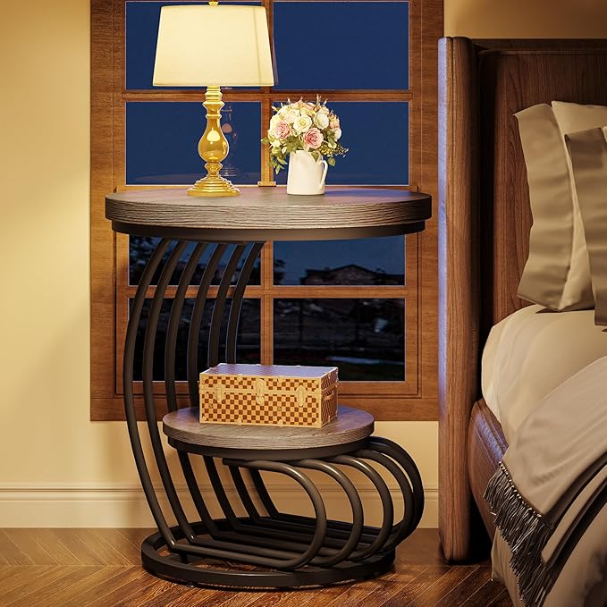 Tribesigns Round End Table: 2 Tiers Wood Side Table with Storage Shelf, Rustic Gray Bedside Nightstand, Metal Arc-Shaped Frame Accent Table for Living Room, Bedroom-Ruum Studio Home