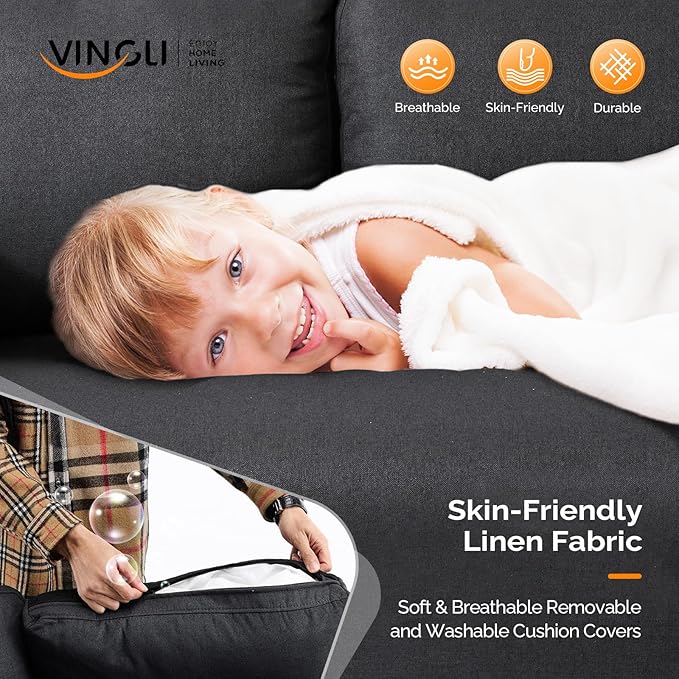VINGLI 47" Small Couch, Linen Loveseat Sofa Black Mini Couch Mid Century Modern Decor Love Seat for Small Spaces Living Room, Bedroom, Play Room-Ruum Studio Home
