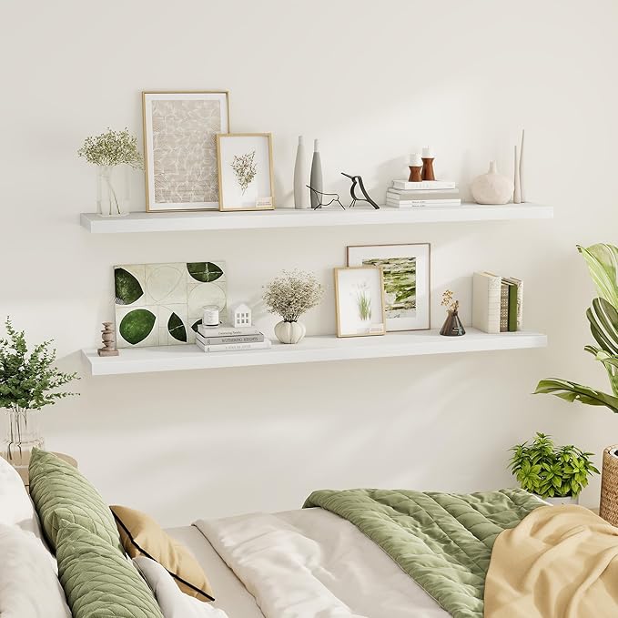 Fun Memories 72 Inch Floating Shelves for Wall 2 Pack Shelves for Bedroom|Kitchen|Bathroom 72 x 9.3 Inch Wood Floating Shelf with Invisible Brackets for Books|Storage|Decor, White-Ruum Studio Home