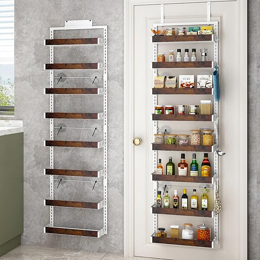 bukfen Over the Door Pantry Organizer, 8-Tier Adjustable Wooden Basket Kitchen Pantry Door Organization and Storage, 2 in 1 Wall Mount or Hanging Heavy-Duty Metal Hanging Kitchen Spice Rack,White-Ruum Studio Home