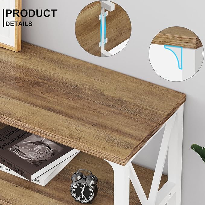 LVB Industrial Entryway Table, Farmhouse Rustic Console Table Behind Couch, Long Metal Sofa Table with Storage Shelf, Modern Hallway Table for Living Room Bedroom,White and Rustic Oak,63 inch-Ruum Studio Home
