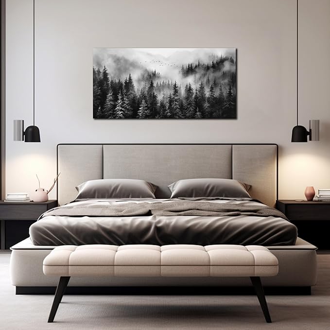 Foggy Forest Wall Art for Living Room,Black and White Pictures for Wall,Tree Wall Decor for Bedroom 20 x 40 Inch-Ruum Studio Home