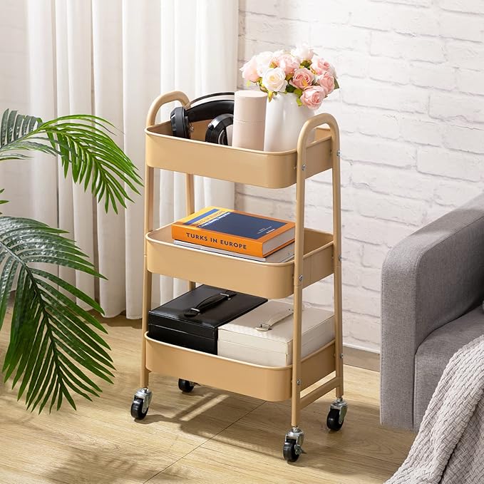 AGTEK Makeup Cart, Movable Rolling Organizer Cart, 3 Tier Metal Utility Cart with Lockable Wheels for Home & Office, Golden-Ruum Studio Home