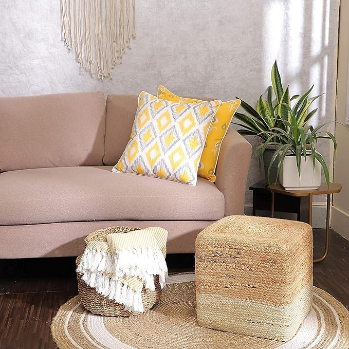 REDEARTH · Cube Pouf Ottoman - Braided Pouffe Accent Sitting Square Footrest for Living Room, Bedroom, Nursery, kidsroom, Patio, Gym; 100% Jute Set of 2 (14.5"x14.5"x16"; Natural Ivory)-Ruum Studio Home