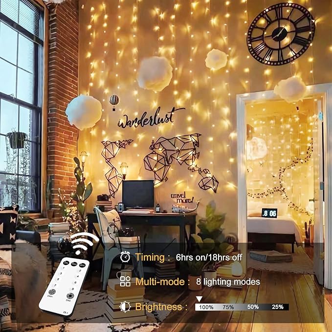 JMEXSUSS 600 LED Christmas Curtain Lights Outdoor, 9.5x19.6ft Christmas String Light Plug in with Remote, 8 Modes Wall Hanging Lights for Bedroom Party Backdrop Wedding Xmas Decor, Warm White-Ruum Studio Home