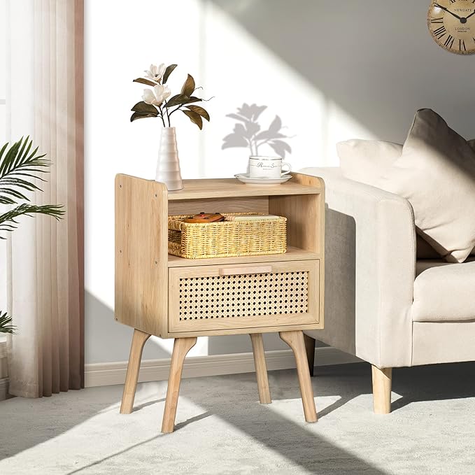 Lerliuo Rattan Nightstand, Boho Side Table with Drawer Open Shelf, Cane Accent Bedside End Table with Solid Wood Legs for Bedroom, Dorm and Small Spaces (Natural)-Ruum Studio Home