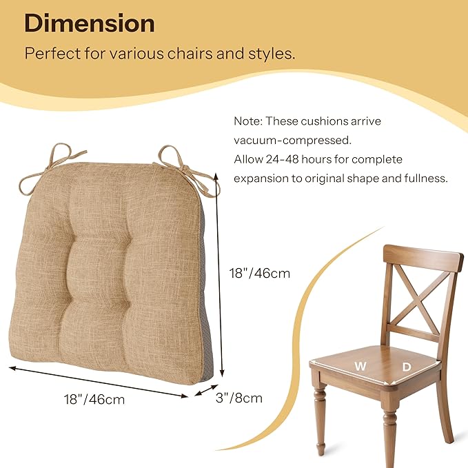 Non Slip Chair Cushions for Dining Chairs Set of 4 Kitchen Chair Cushions 18"x18"x3" Turfted Chair Pads Comfortable and Soft Seat Cushion with Ties, Cappuccino-Ruum Studio Home