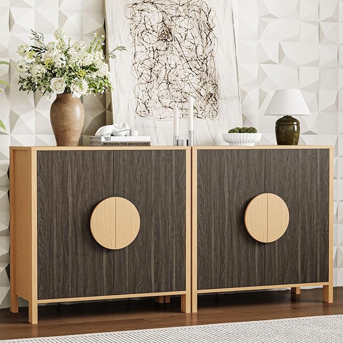 65 Inch TV Stand, Mid Century Modern Entertainment Center with Storage Cabinets & Adjustable Shelves, Media Console TV Credenza for Living Room, Dining Room, Hallway, Walnut-Ruum Studio Home