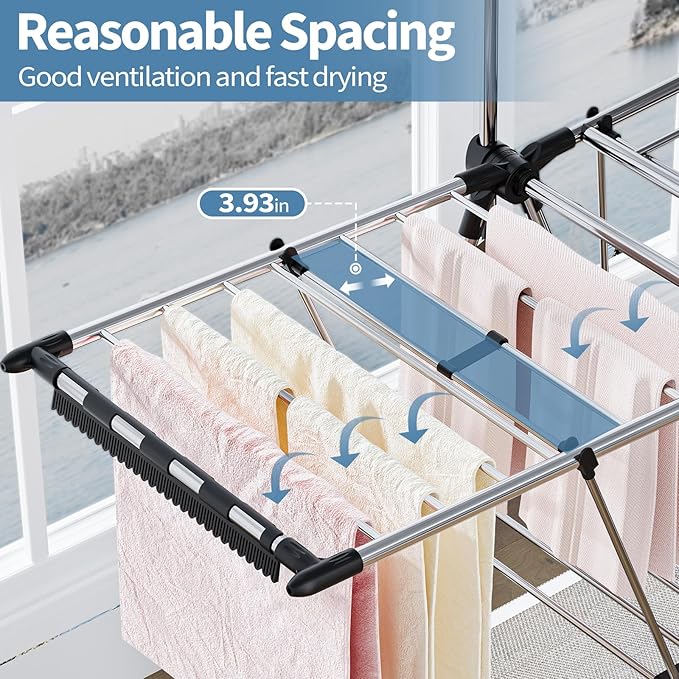 APEXCHASER Clothes Drying Rack with High Hanger, Foldable 3-Level Drying Racks with Shoe Rack, Crossbar and Vertical Rod Laundry Stand with Adjustable Wings Silver-Ruum Studio Home