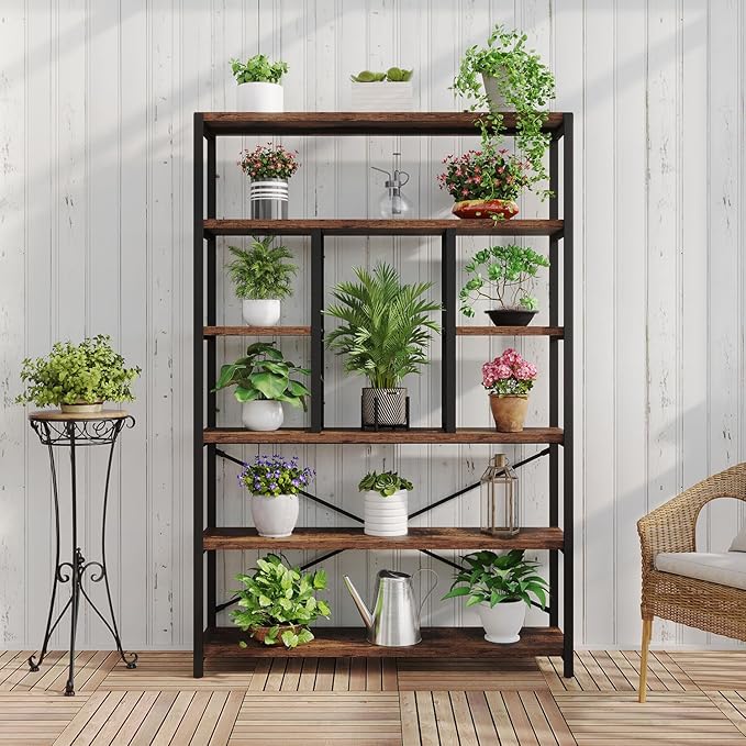 LVB Rustic Bookcases and Book Shelves, Metal Wood 6 Tier Bookshelf and Book Rack Storage, Industrial Vertical Display Etagere Book Case 6 Shelf, Vintage Large Book Shelf for Bedroom Living Room, Brown-Ruum Studio Home