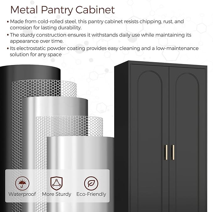 71" Tall Metal Pantry Cabinet with 4 Adjustable Shelves and Gold Handles Heavy-Duty Steel Storage for Kitchen, Dining Room or Office-Ruum Studio Home