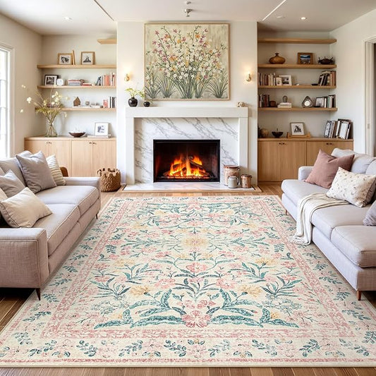 Wonnitar Machine Washable 10x14 Area Rugs, Large Living Room Rug Floral Pink and White Carpet, Boho Soft Ultra-Thin Foldable Carpets for Bedroom Dining Room Office-Ruum Studio Home