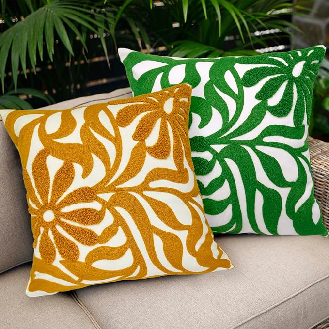 Alysheer Farmhouse Floral Leaves Embroidered Decorative Throw Pillow Cover 18x18 inches, Boho Tufted Flowers Embroidery Pattern Chic Cotton Cushion Case for Couch Bed Sofa Living Room(Mustard Yellow)-Ruum Studio Home